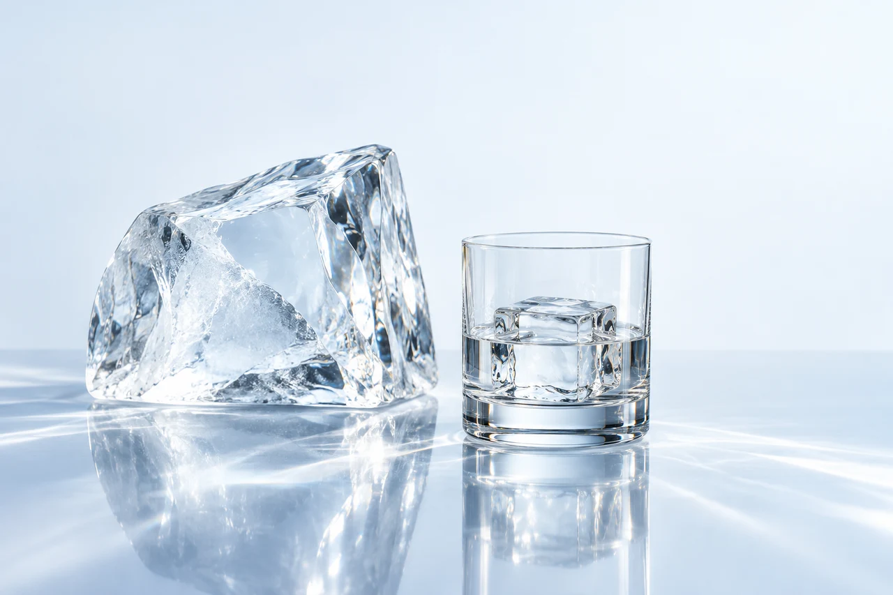 Clear vodka and a single ice cube in a minimal glass still life